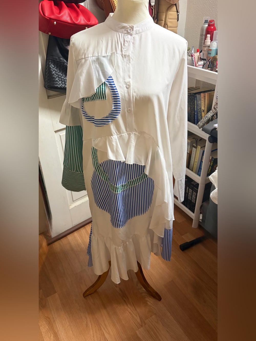 White Ruffle Long Sleeve women Top with Blue Stripe Appliqué